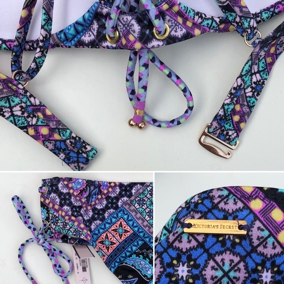 Victoria’s Secret Blue Patchwork Mosaic Print Lace up Bikini Set 34C/S NWT - Picture 12 of 14